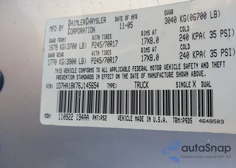 2006 Dodge Ram 1500 St из США, поврежденный, VIN 1D7HA18K76J145654